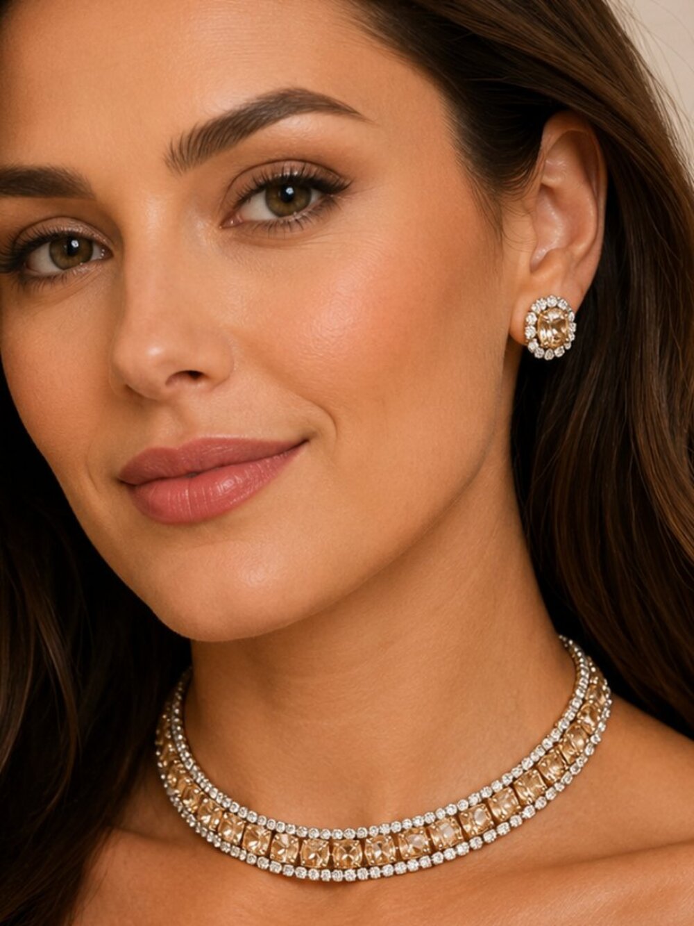 Gold Tone Rhinestone Champagne Crystal Choker Set Matching Earrings
